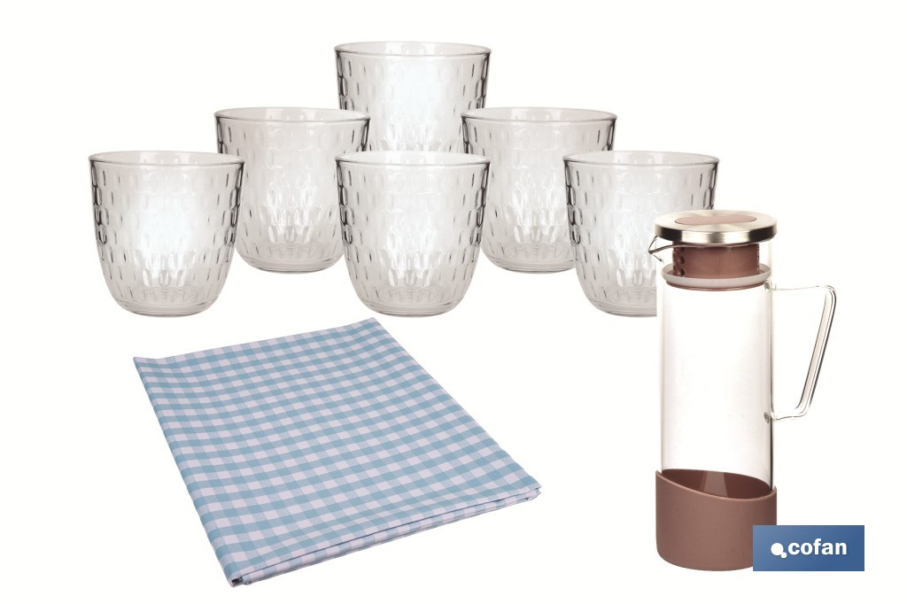 Pack de jarra de vidrio borosilicato, 6 vasos de vidrio y hule antimanchas | Disponible en diferentes colores y diseños - Cofan